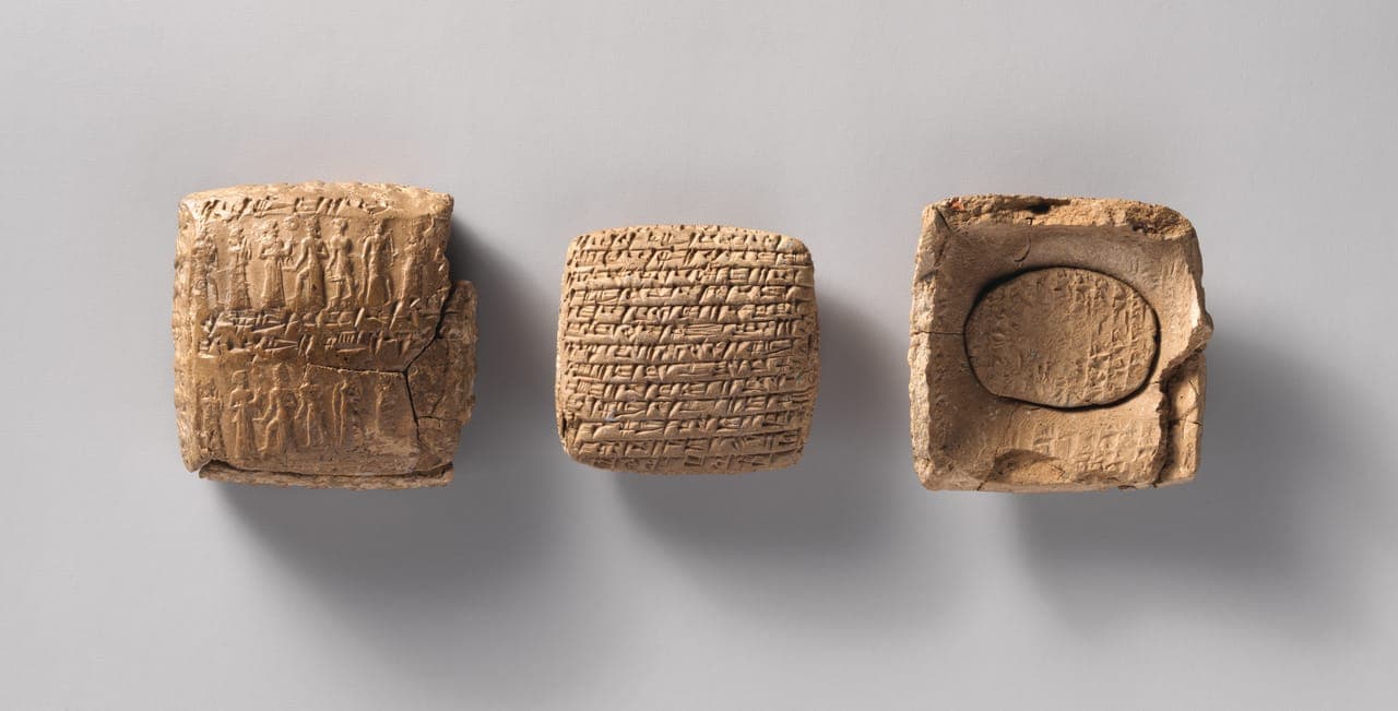 Three pieces on grey: the clay envelope's sealed face, the letter tablet, and the inside of the opened envelope