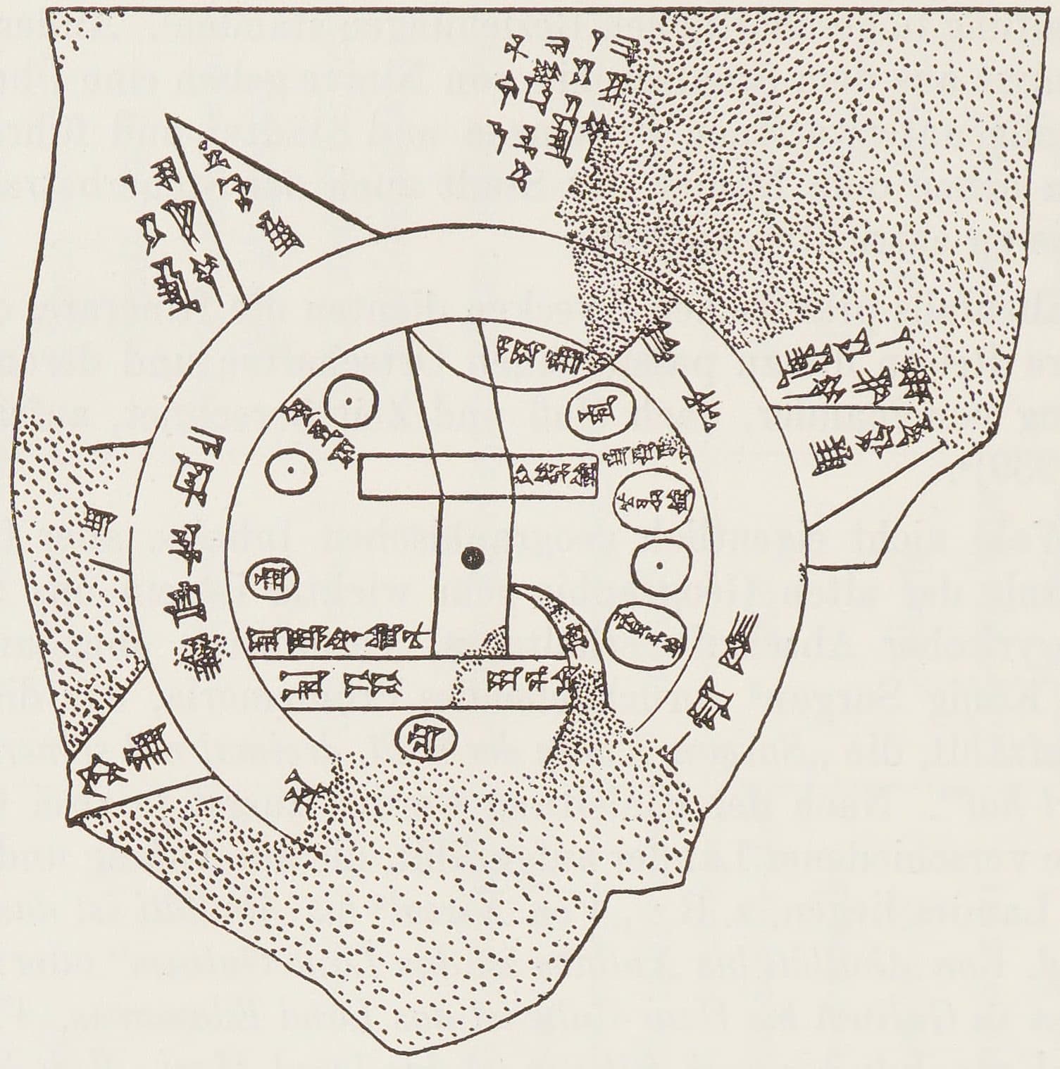A line drawing of the tablet's map face: a double ring enclosing small rectangles and ovals with cuneiform labels inside, a long rectangle for Babylon across the middle with two lines running down through it, and triangles jutting out beyond the ring. The broken edges are stippled.
