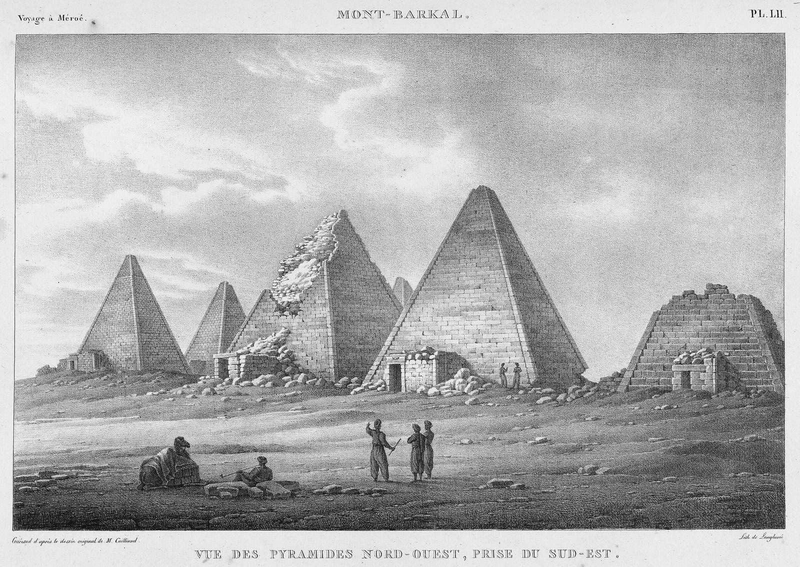 Black-and-white nineteenth-century engraving of small pyramids clustered at the base of a flat-topped desert mountain
