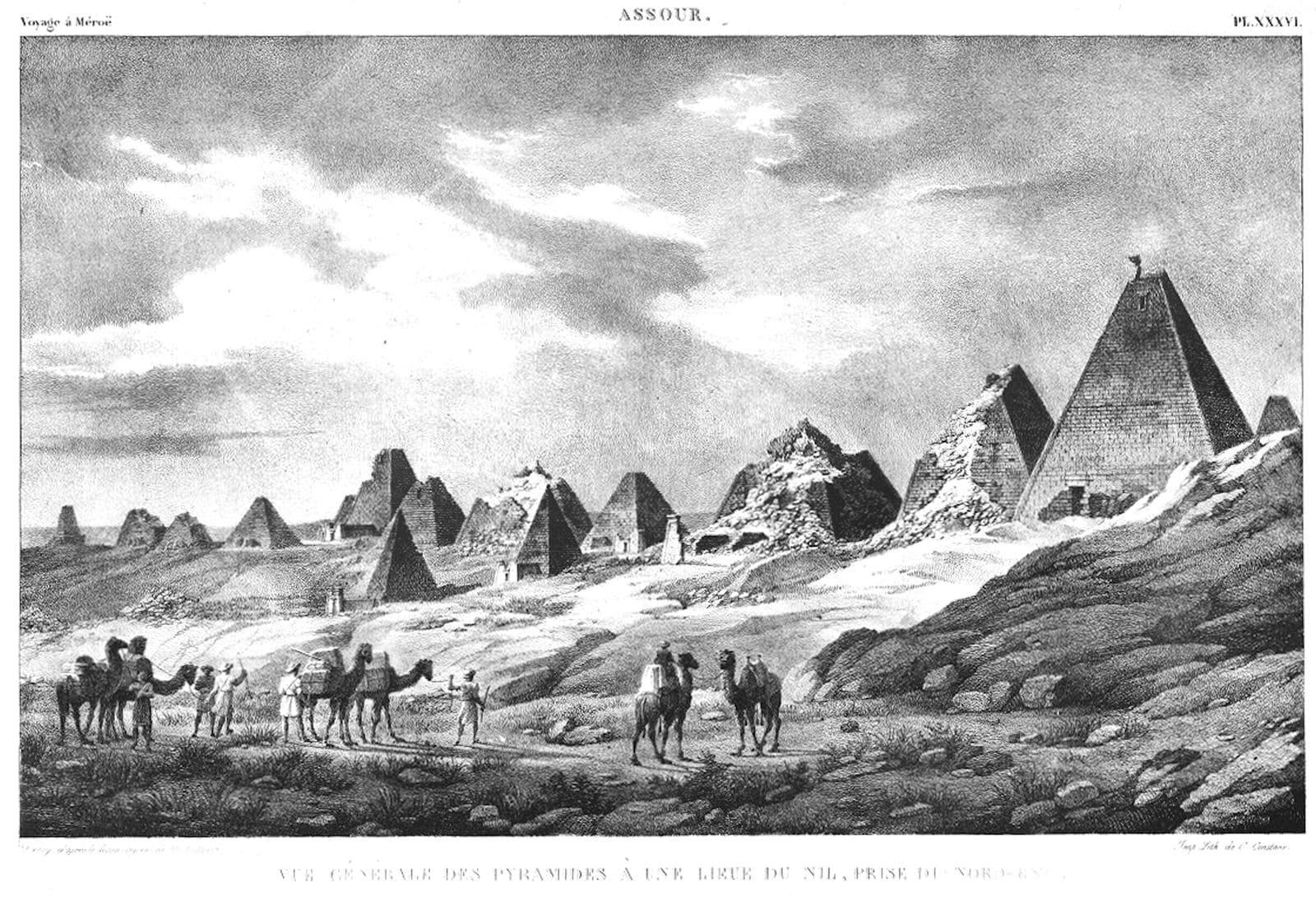 Black-and-white nineteenth-century engraving of a row of weathered stone pyramids at Meroë