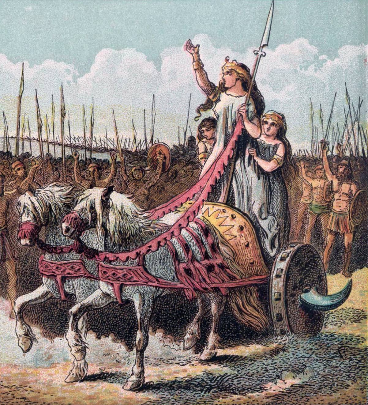 19th-century colour engraving of Boadicea standing in a chariot with her two daughters, spear raised, leading a crowd of armed warriors; the chariot's wheel carries a curved blade at its hub