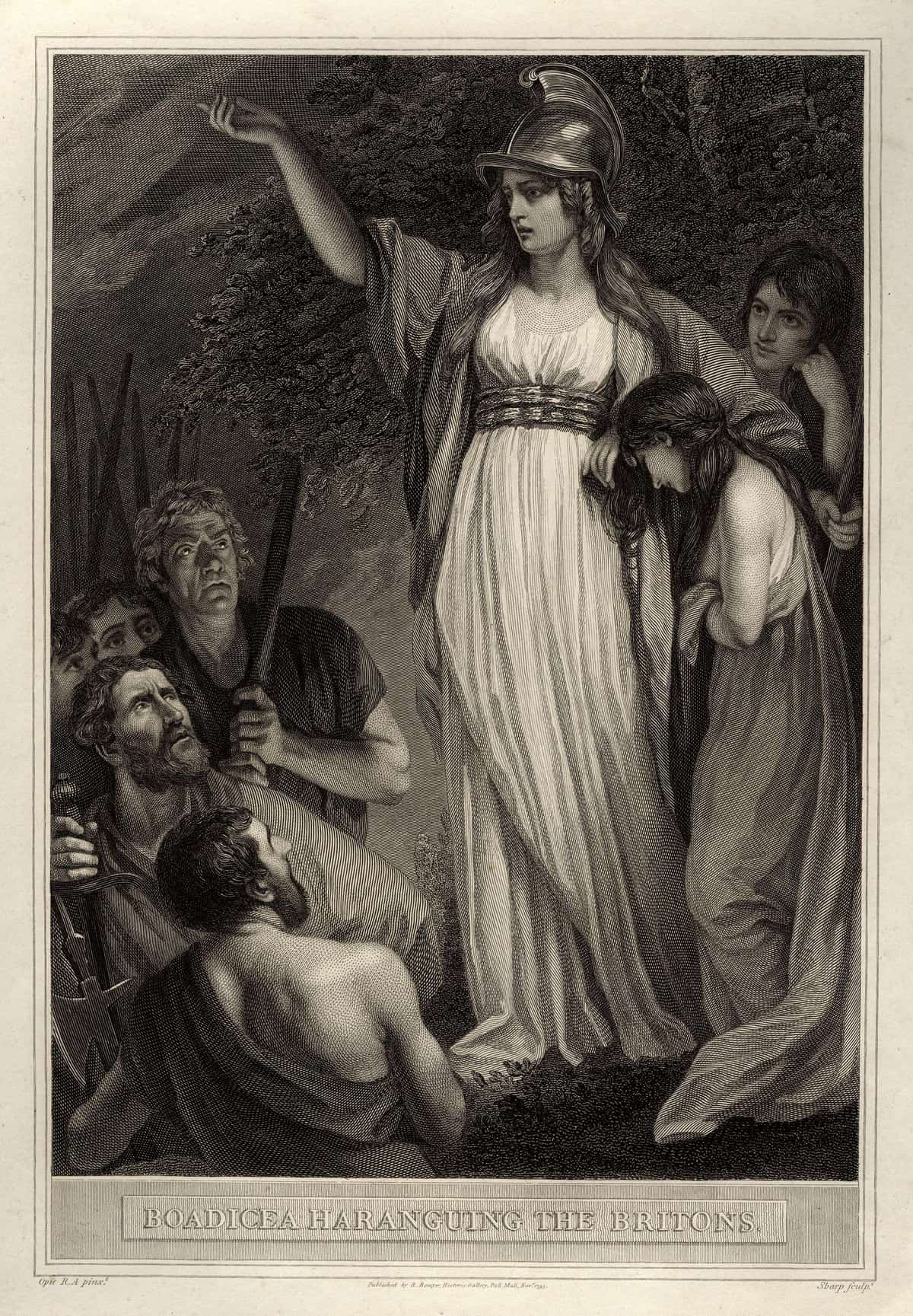 18th-century engraving of a helmeted woman in flowing white robes standing in a forest clearing, one arm raised, addressing a group of armed Britons seated before her, with a young woman leaning against her side