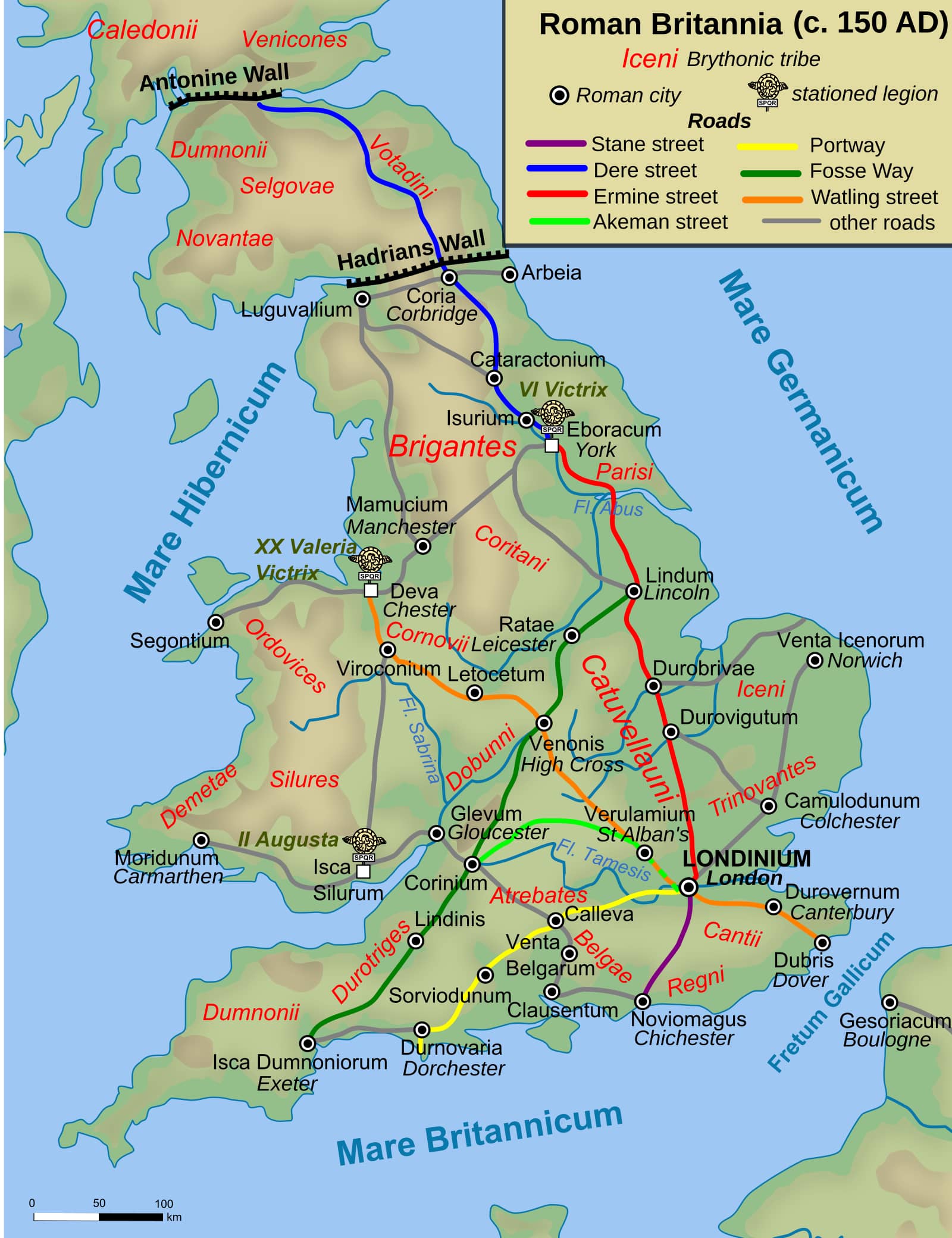 Modern schematic map of Roman Britain around AD 150, labelling the Iceni and Trinovantes territories, the towns of Camulodunum (Colchester), Londinium (London) and Verulamium (St Alban's), and Watling Street in orange