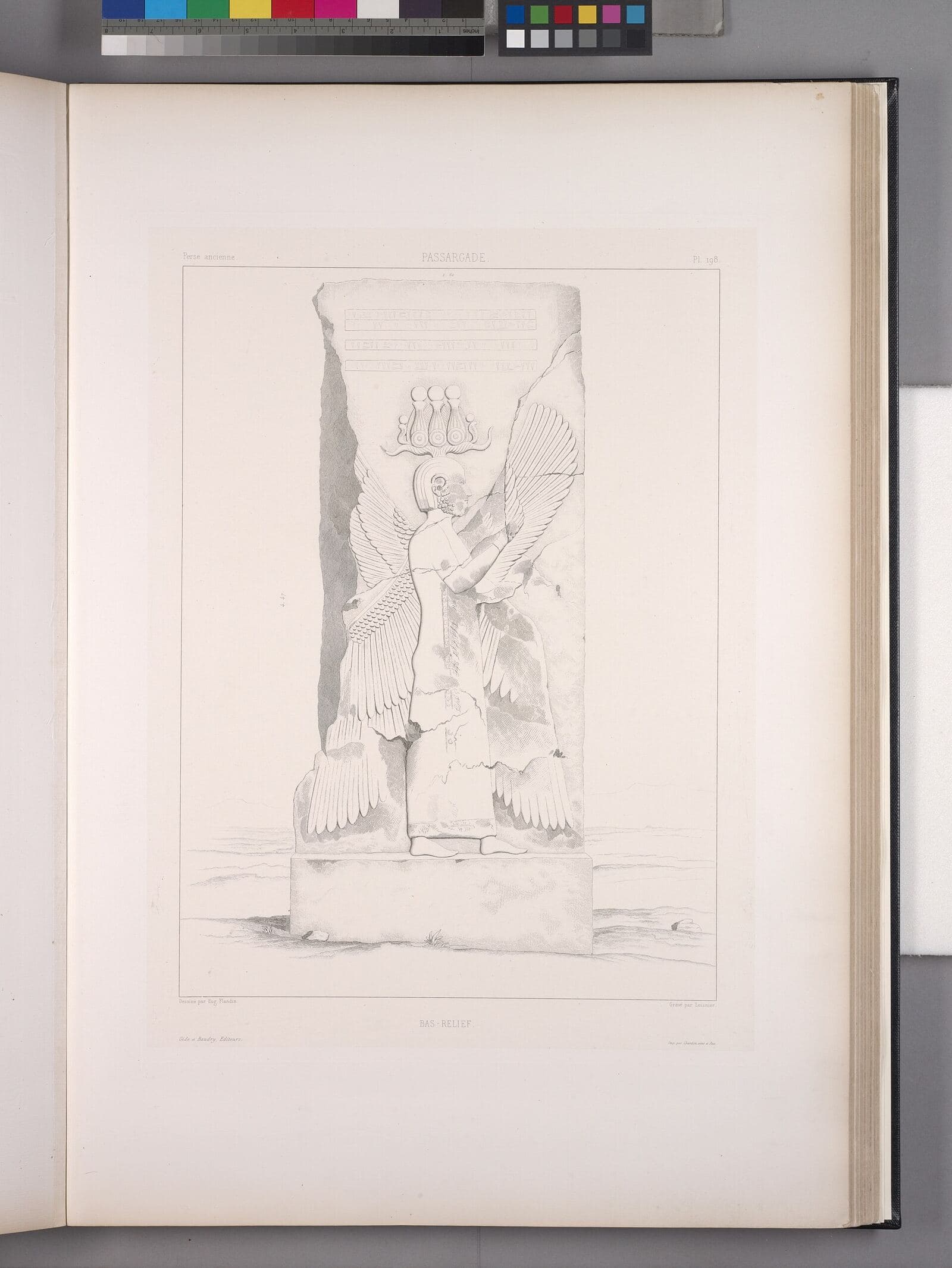 19th-century engraving of a carved relief showing a four-winged standing figure