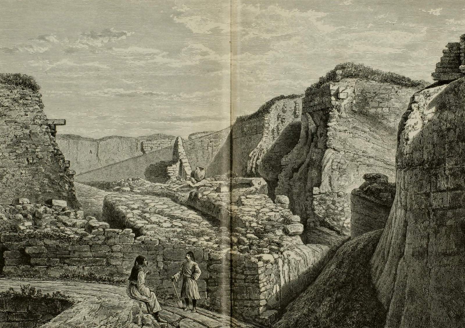 Nineteenth-century engraving of a deep excavation trench cut through a hill, with stone walls exposed on either side and two figures standing at the bottom