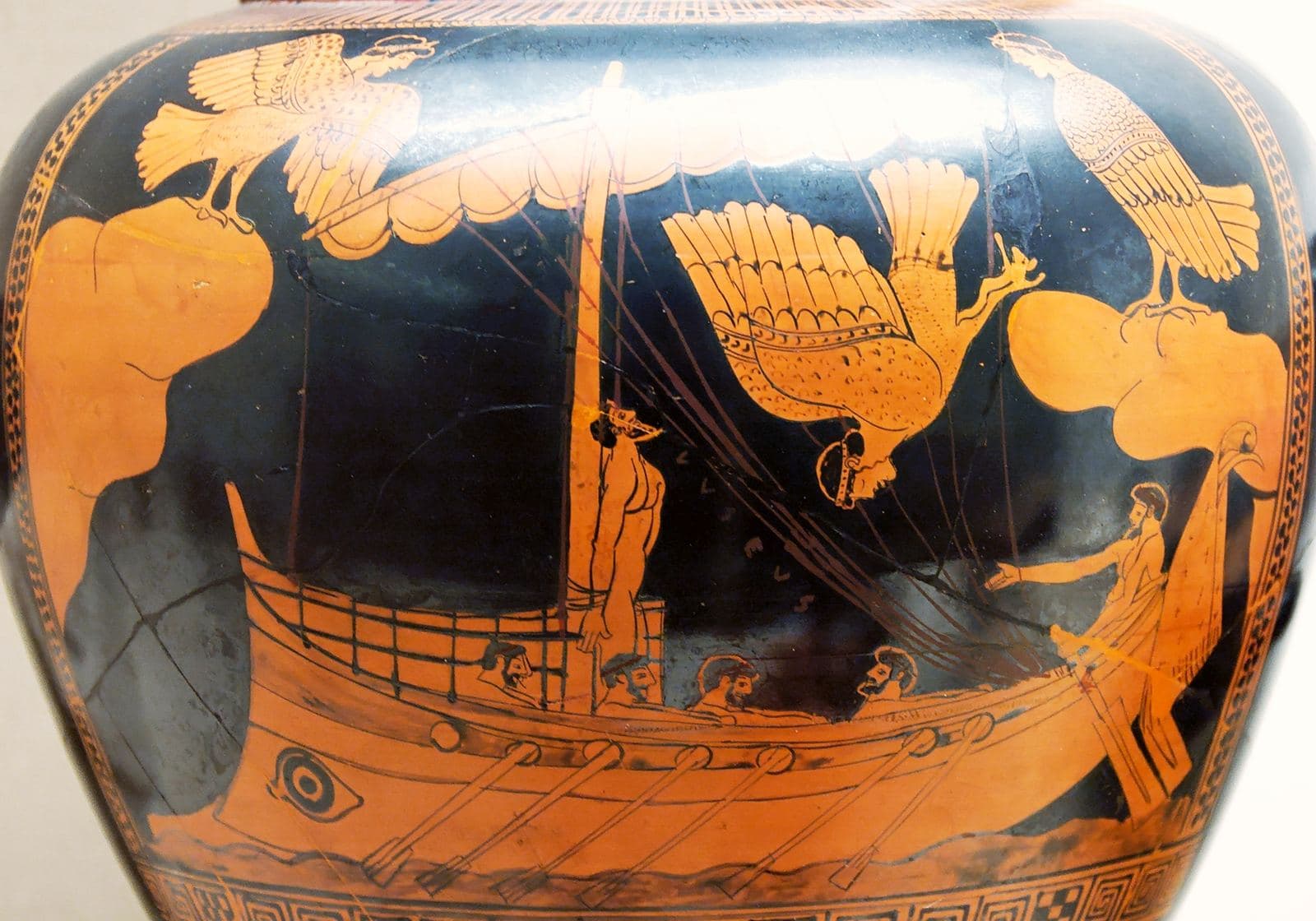 Red-figure vase painting of a ship under oar, a man tied upright to the mast, and winged bird-women flying around him