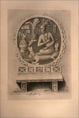 Old hand-drawn lithograph of a carved stone oval tablet showing two seated Maya figures, one handing a headdress to the other
