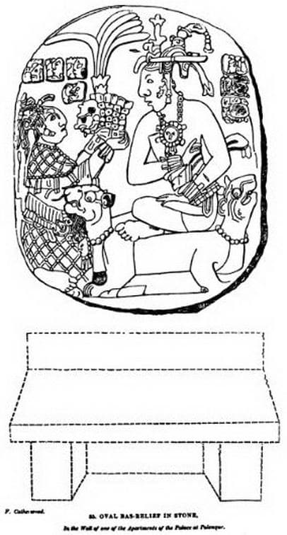 Black-and-white engraving of a weathered stucco relief figure on an interior wall of the Palace at Palenque