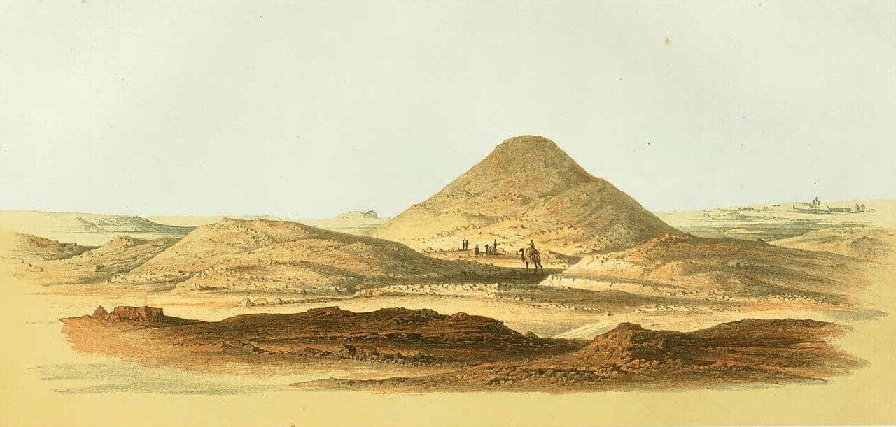 Nineteenth-century tinted lithograph of a large eroded mound rising from the desert, with a camel rider and small figures for scale