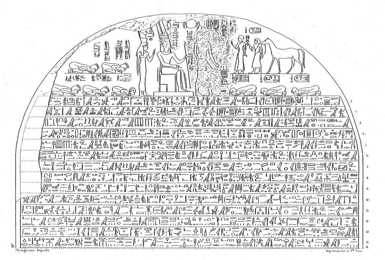 Line engraving of the curved top of a granite stele, showing a seated king receiving rows of kneeling, bowing figures, with a horse led by attendants at the right
