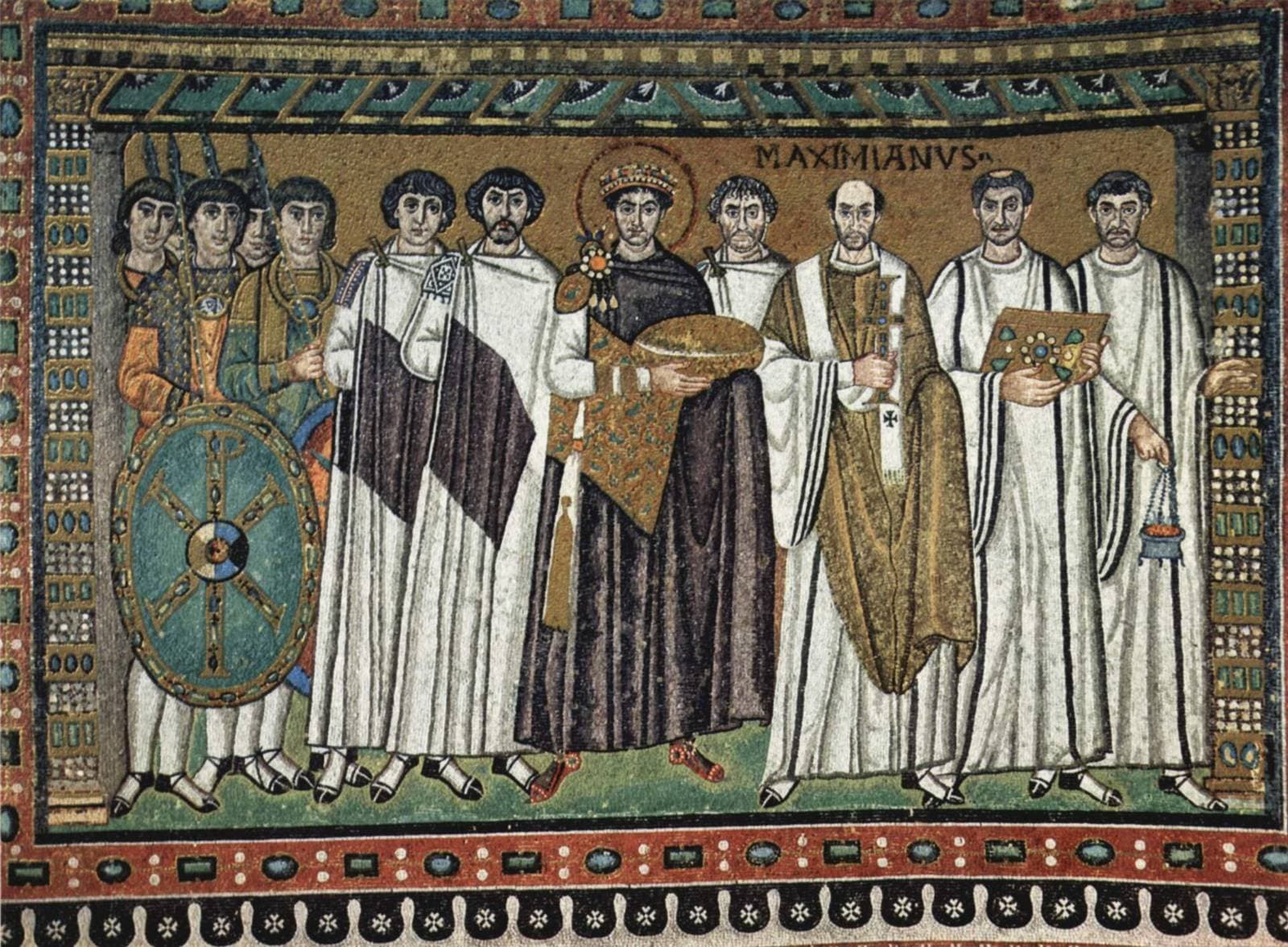 Byzantine mosaic showing a crowned emperor flanked by clergy and guards, facing the viewer in formal procession