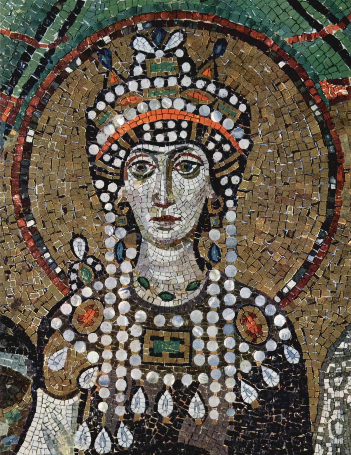 Byzantine mosaic bust of a crowned woman in a jeweled collar and purple robe, with a gold halo-like background