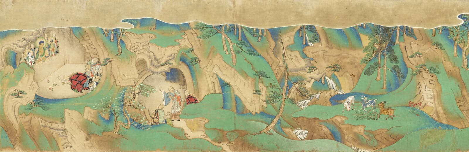 Detail from a Japanese illustrated handscroll showing a robed figure on a path toward distant hills