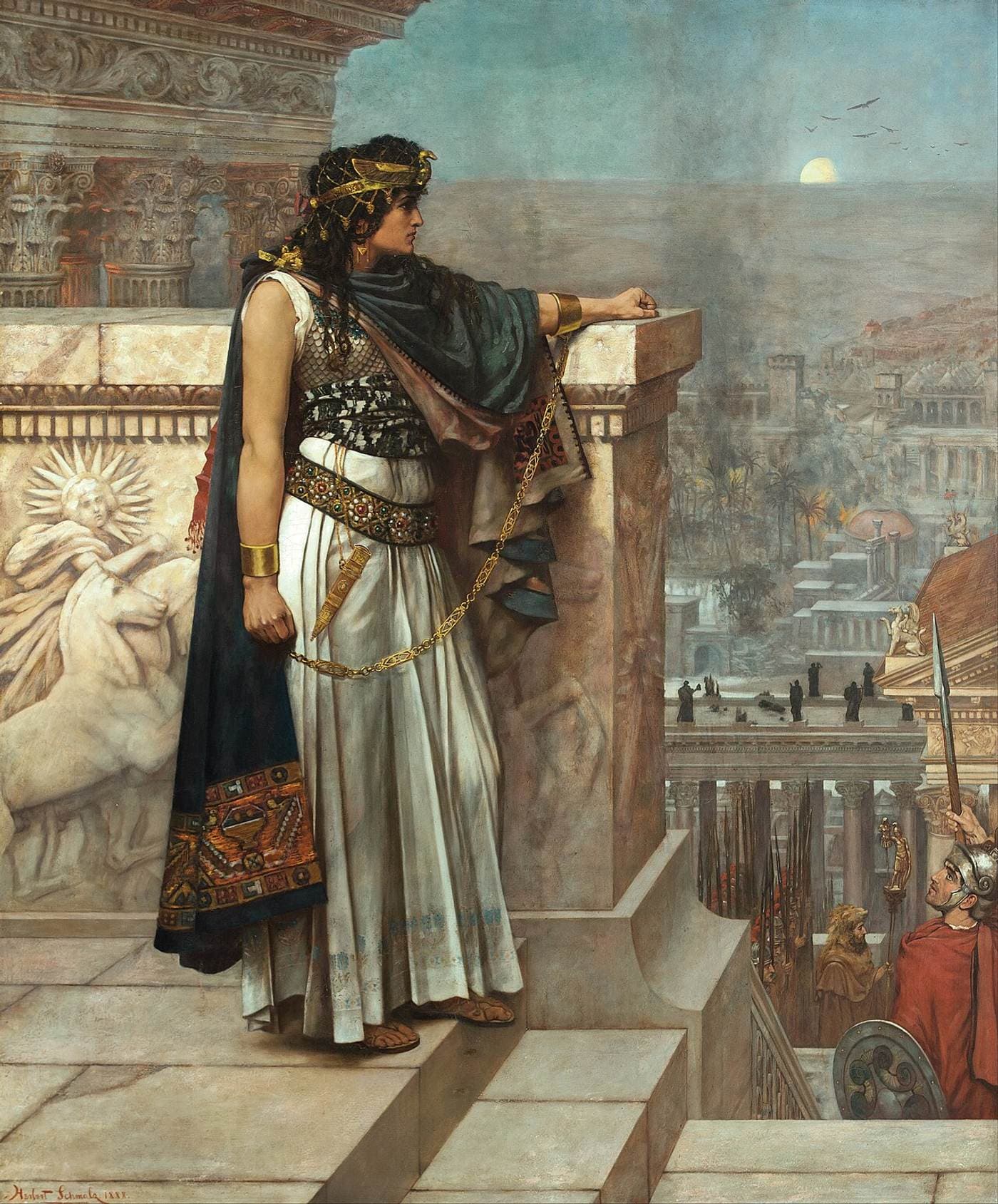 Painting of a crowned woman in flowing robes standing on a terrace, looking back over a distant desert city as smoke rises from it