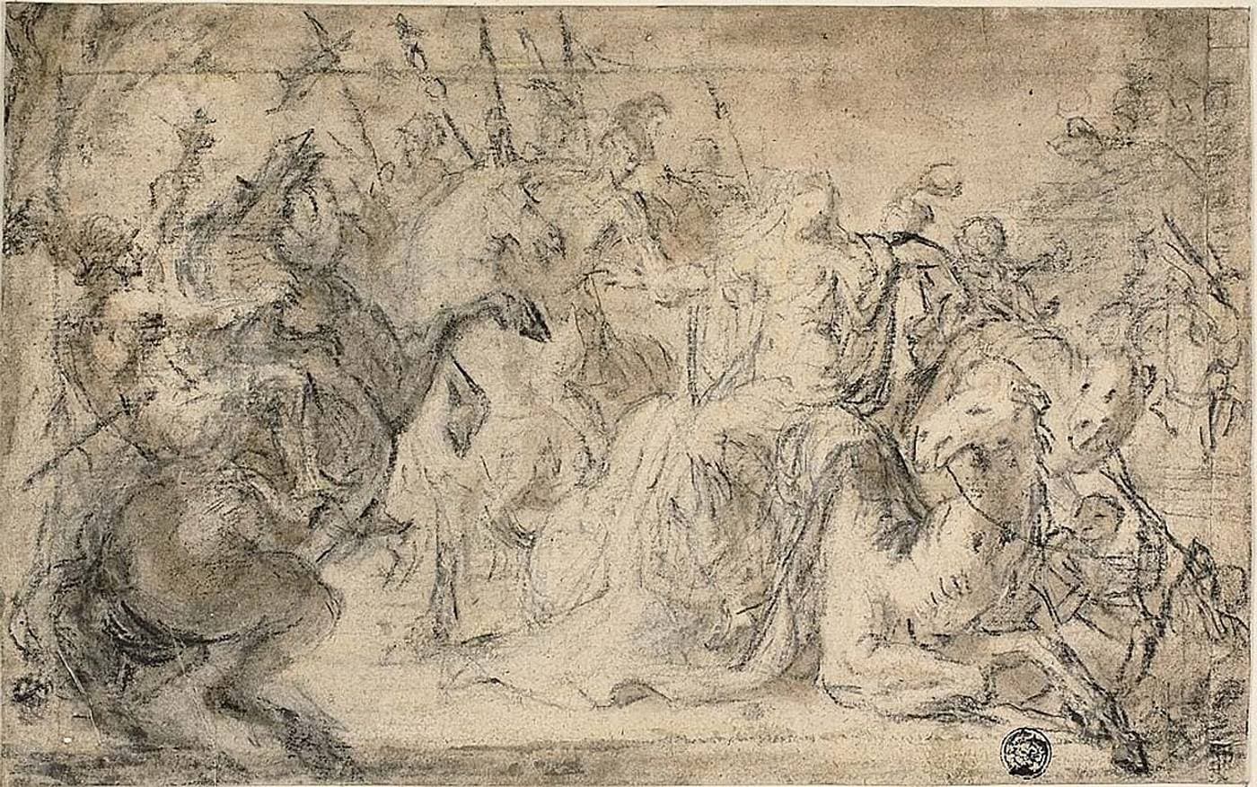 Monochrome chalk-and-wash drawing of a robed woman surrounded by soldiers on horseback