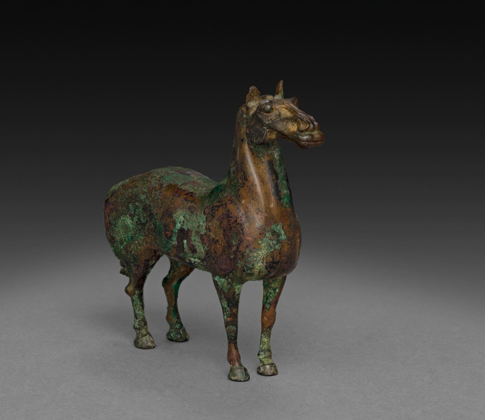 Small bronze figure of a standing horse, legs squared, head raised, on a plain background