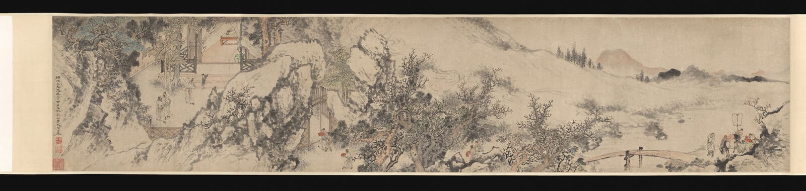 Chinese handscroll painting in ink and colour showing a visitor approaching a thatched hut in a mountain landscape