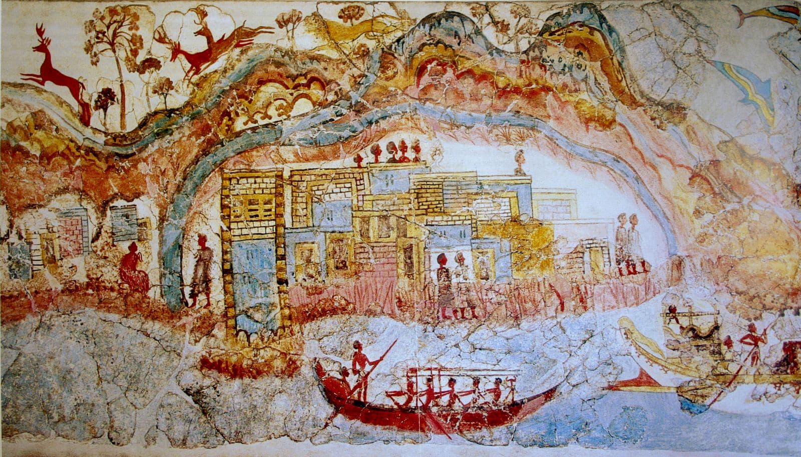 Fragmentary Bronze Age wall painting of a walled town on a hillside with figures on rooftops and a red rowing boat below