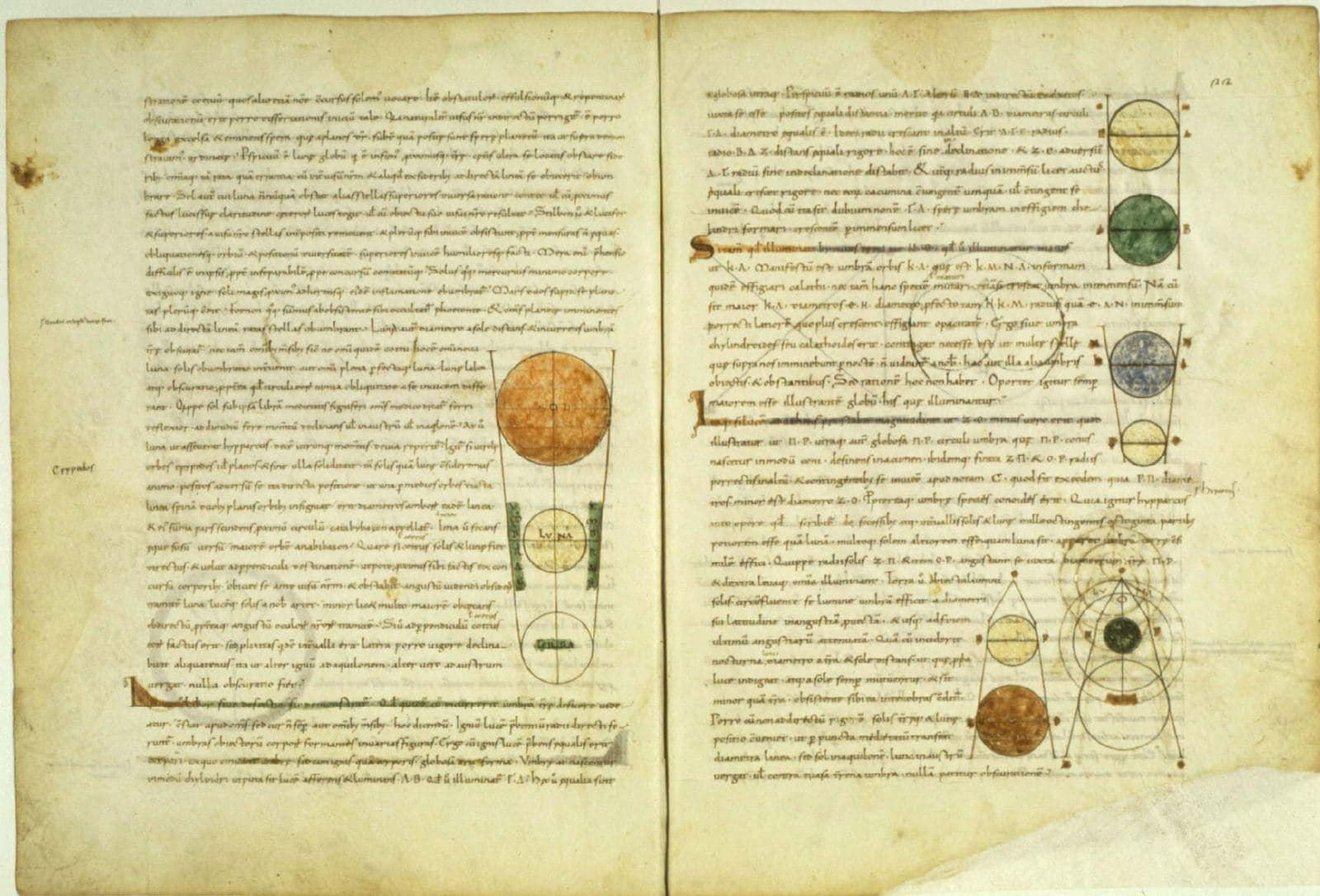 Two facing pages of a tenth-century Latin manuscript with dense script and coloured diagrams of the sun, moon and earth